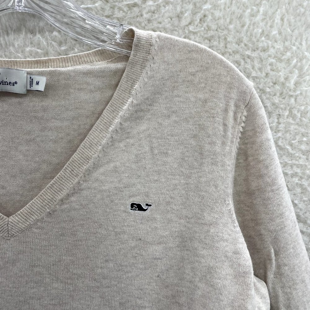 Vineyard Vines Cream Beige Knit Embroidered Logo V-Neck Sweater Womens M Medium - Picture 3 of 9